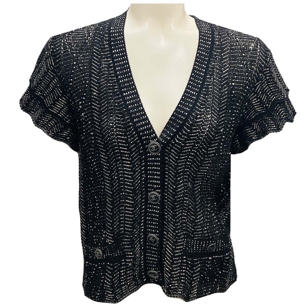 CHANEL BLACK / GOLDEN 2018 FRILL SLEEVE CROCHET KNIT CARDIGAN WITH CC LOGO BUTTO